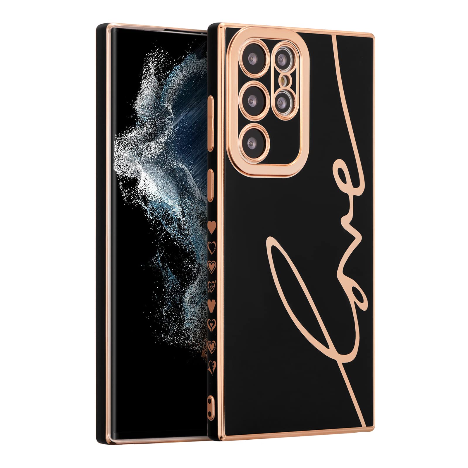RALEAVO for Samsung Galaxy S22 Ultra Case Luxury Plating Case Cover,Cute Love Heart Phone Case,Slim Soft TPU Shockproof Bumper Case with Full Camera Protection,Electroplated Case for Women Girls,Black