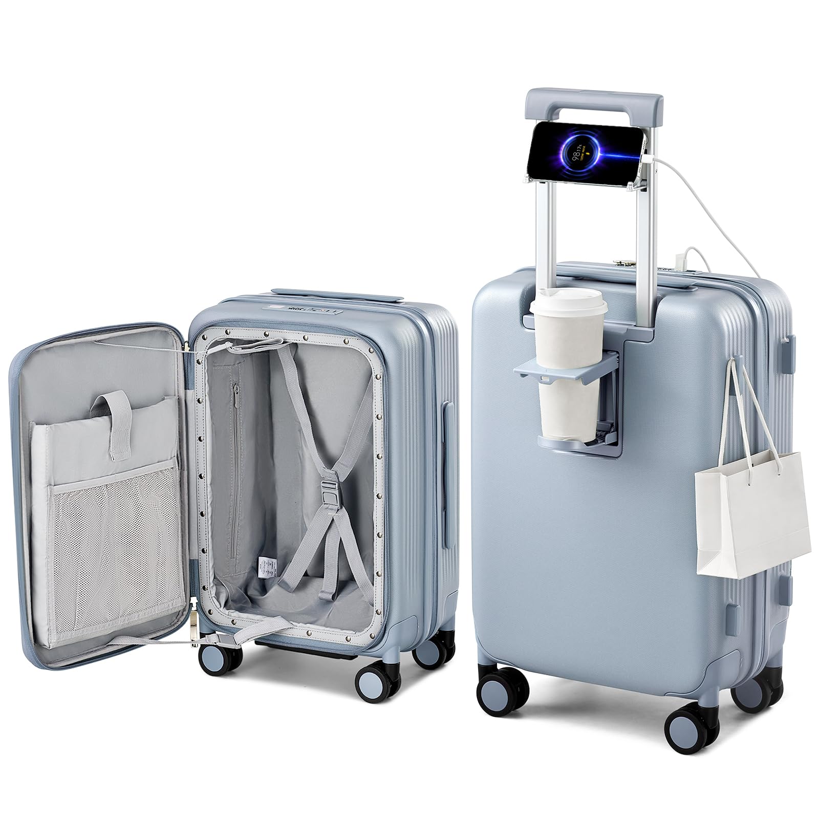 Hanke 20 Inch Expandable Carry On Luggage Airline Approved Top Opening Travel Luggage Rolling Suitcase with Cup Holder