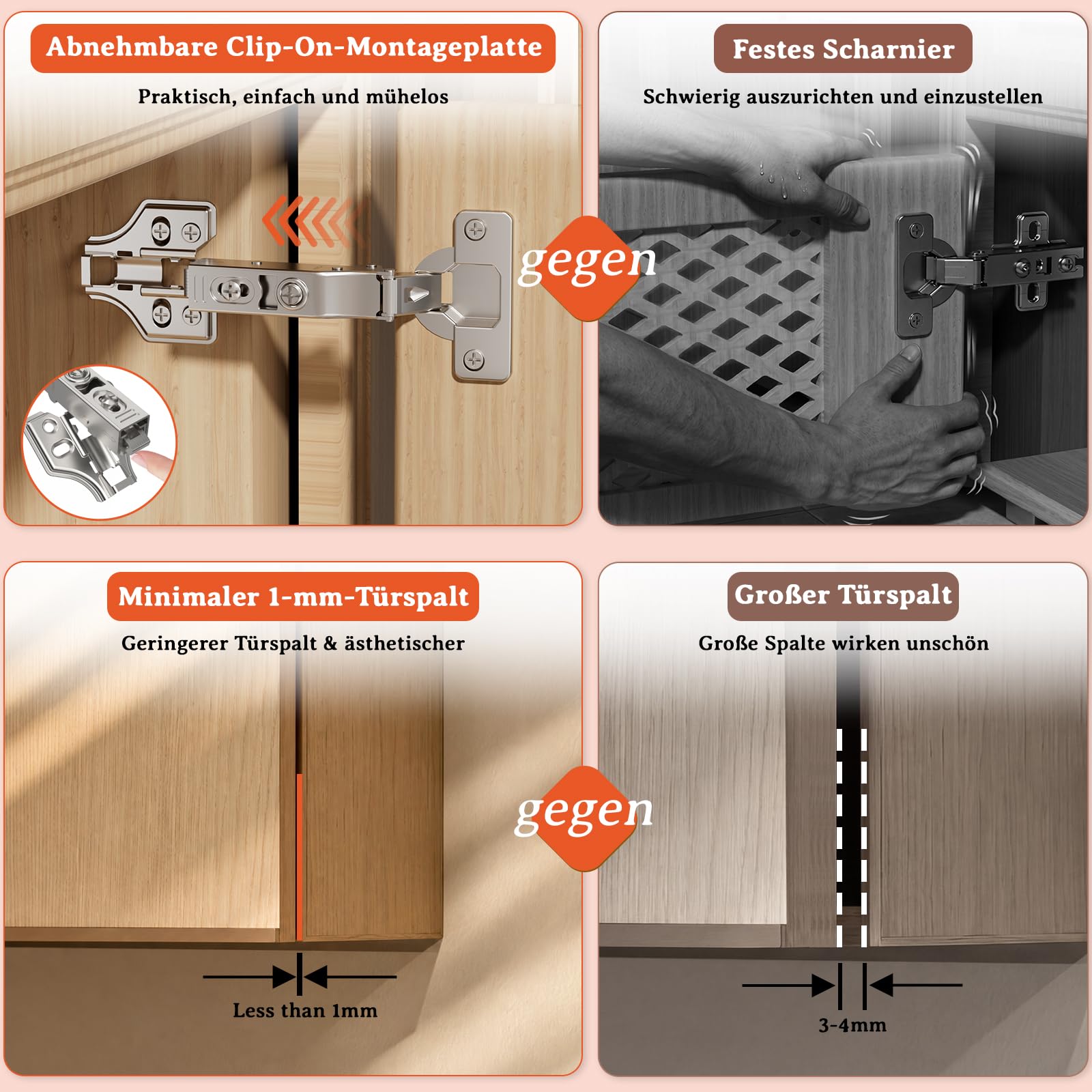 Furniware 50 Stück Eckanschlag Scharniere für Schranktüren, 48mm Küchenschrank Softclose, Topfbänder 35mm Topfscharnier, 105 Grad Schrankscharnier, Kleiderschrank Scharnier, Möbelscharnier mit Dämpfer