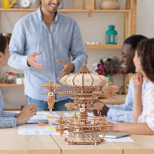 Miniatura 9 de Rompecabezas de madera 3D para adultos, kit de modelo de caja de música SkyCity, más de 600 piezas, diseño de paisaje urbano, desafiante artesanía