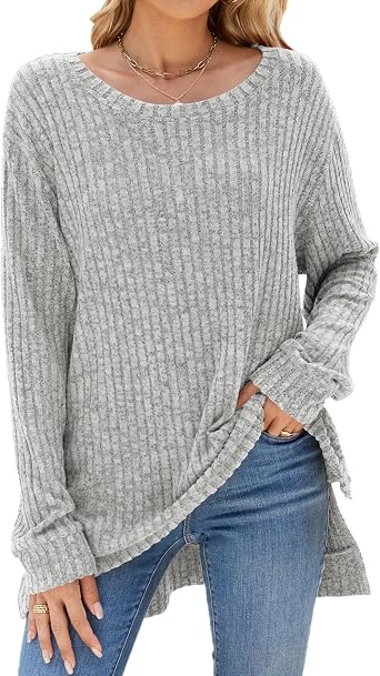 Stylish Crewneck Long Sleeve Ribbed Brushed Slit Shirt for Women for Fall Outerwear and Winter Inner Layer
