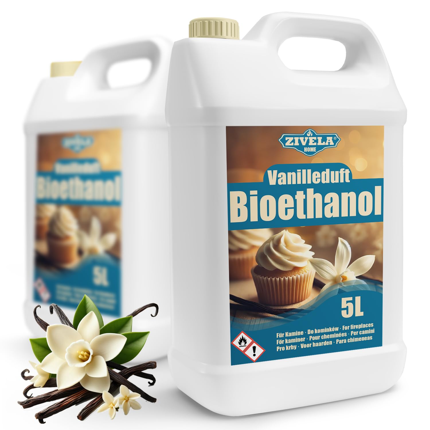 Bioetanol 96,6% 10L | Alcohol orgánico aroma vainilla 96,6% 2 x 5 l | Chimenea de bioetanol con combustión limpia, sin humo, llama viva y especial para chimeneas ecológicas