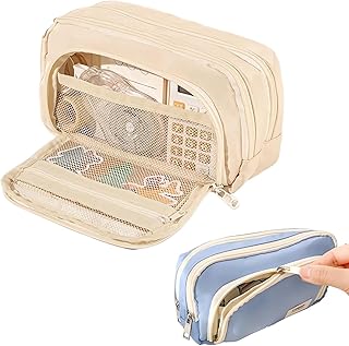 Big Capacity Pencil Case - 2024 New Kawaii Pencil Case Organizer, Large Capacity Pencil Pouch with 3 Compartments, Portable Aesthetic Stationery Cosmetic Cute Pencil Case for Women and Girls (Beige)