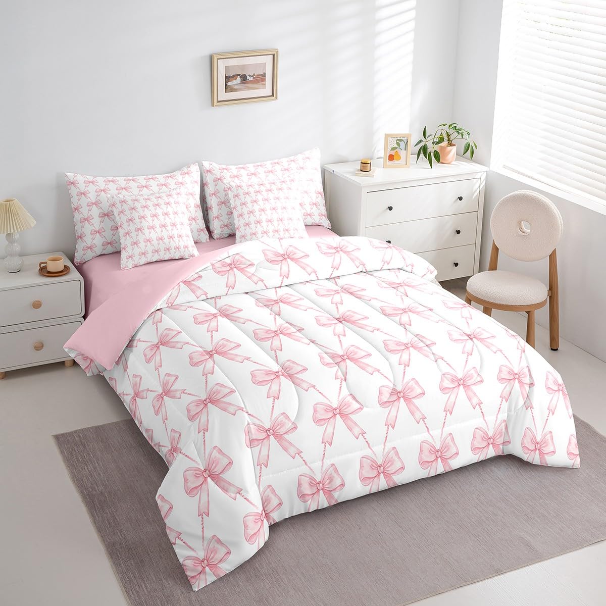 Feelyou Bow 7 Pieces Comforter Sets Boys Girls Twin Size Pink Girls Bow Bedding Set for All Season for Kids Women Men Cute Bowknot Bed in a Bag with Comforter, Sheets, Pillowcases & Cushion Cover