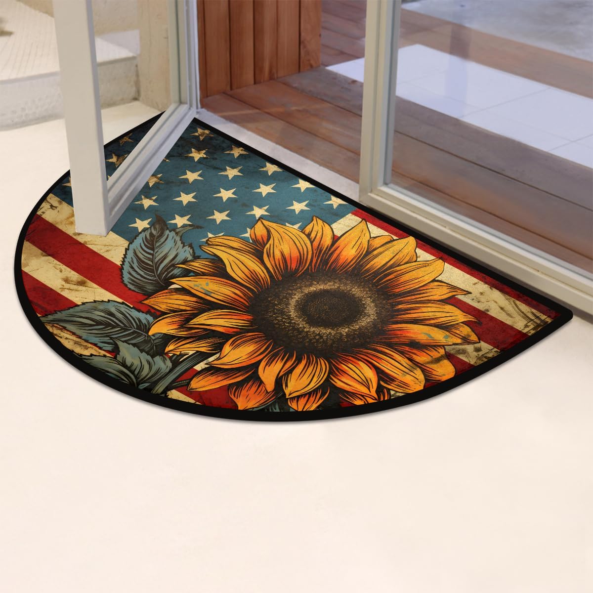 Half Round Door Mat Independence Day Retro Sunflower Half Moon Rug Washable Half Circle Area Rugs Indoor Entrance Non Slip Semi Circle Bathroom Rugs Floor Carpet for Kithen Bedroom Fireplace Decor