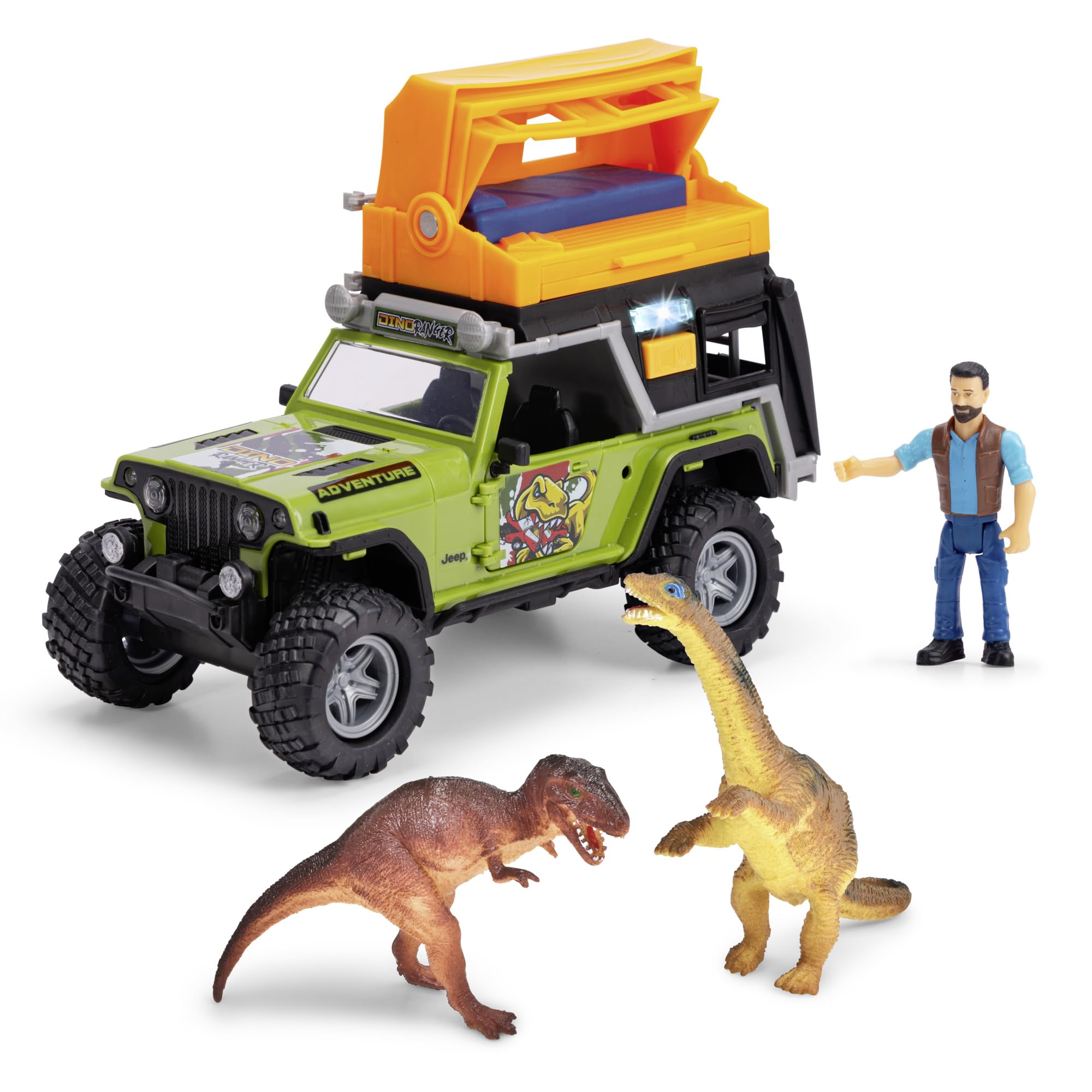 DICKIE TOYS: Jeep Dino Camper Set - Green & Orange - Light & Sound Toy Vehicle w/Trailer, Action Figure & 2 Dinosaurs, Licensed, Kids Ages 3+
