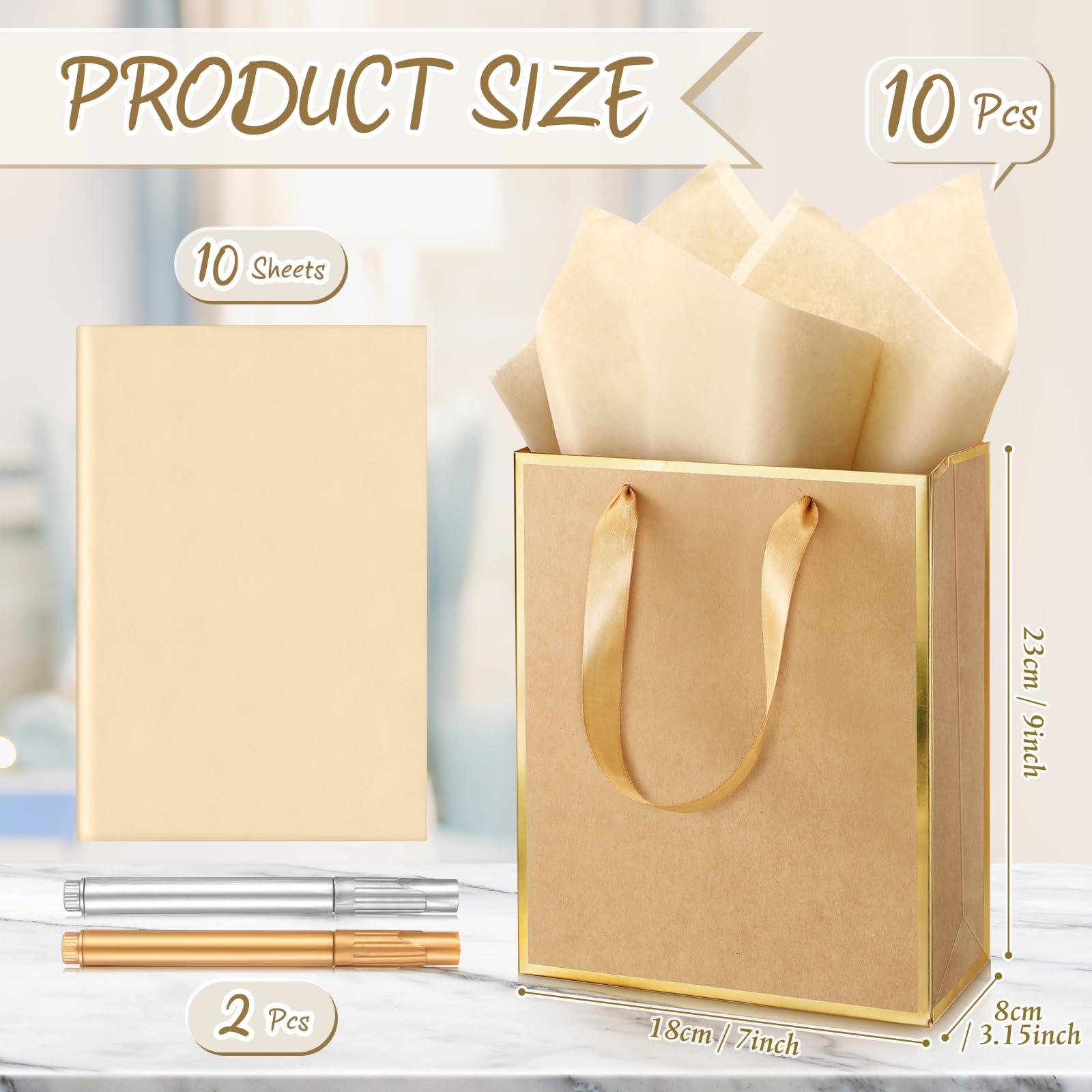 Yeaqee 10 Pack Metallic Paper Gift Bags with Handle Tissue Paper Thank You 5 Senses Gift Bag for Birthday Wedding Baby Shower Groomsmen Bridal Graduation Party Favor 9 x 7 x 3.15''(Kraft,Gold)