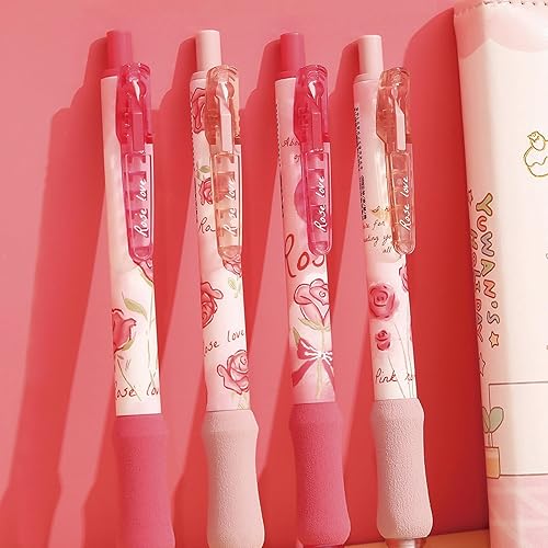 Miniatura 5 de MOZXIRZ 4 bolígrafos de gel retráctiles de flores, bolígrafos estéticos de tinta negra, bolígrafos de gel kawaii para oficina y escuela, suministros