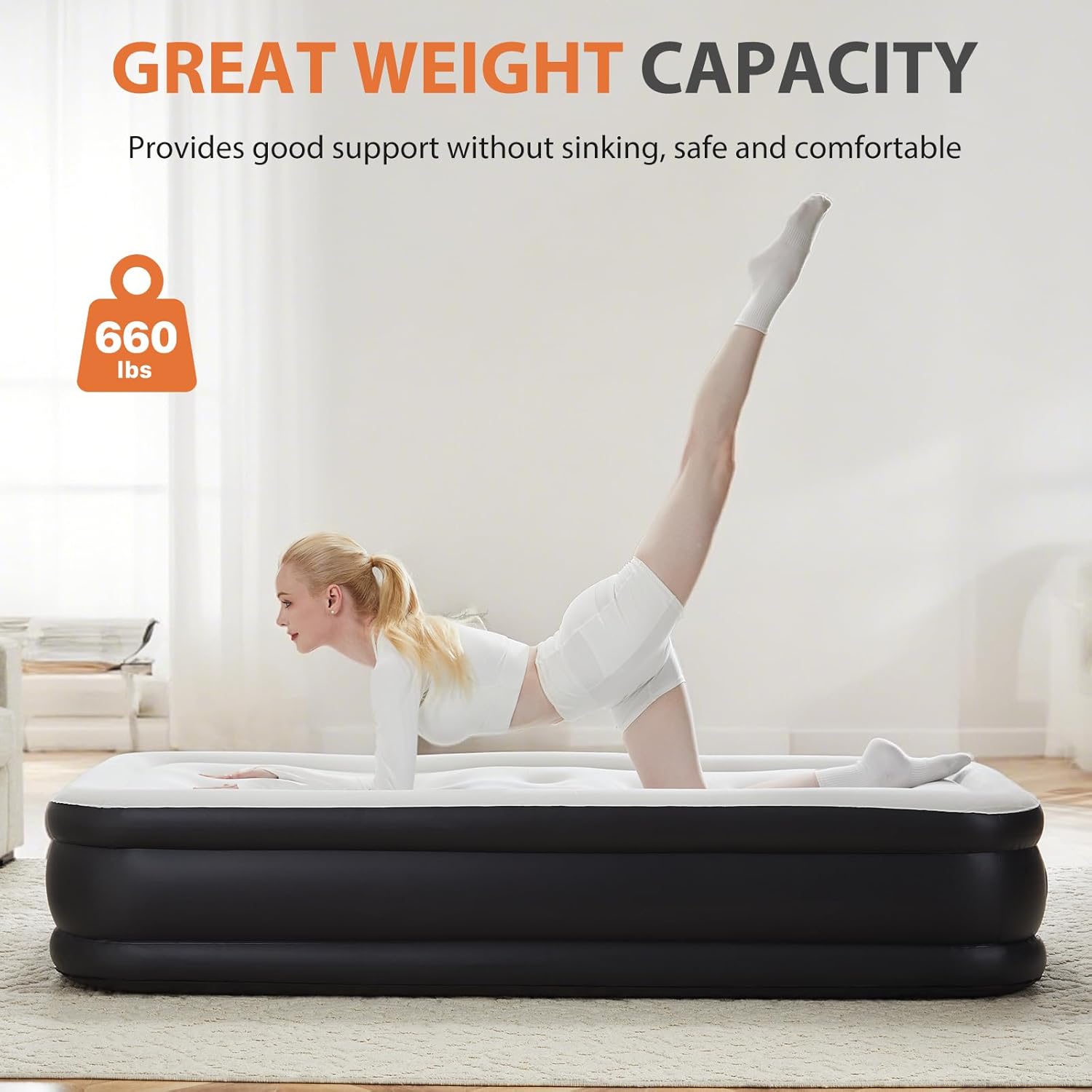 Sweetcrispy Queen Air Mattress, 22" Inflatable Blow Up Airbed with Built-in High Capacity Pump, Double Height, Non-Slip Bottom Design, Weight Capacity 660 lbs Air Bed for Home or Camping - Image 5