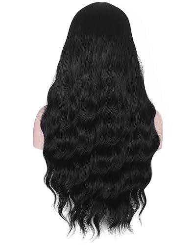 Miniatura 4 de AMZCOS Peluca larga ondulada negra con flequillo para mujer, resistente al calor, pelucas de cabello sintético para uso diario (negro)