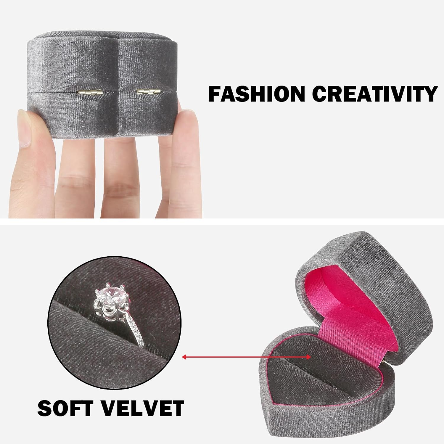 LETURE Velvet Jewelry Ring Gift Box, Heart-Shaped Wedding Ring Earring Stud Holder Case for Engagement, Proposal, Anniversary, Rings Storage Display Box (Grey) image 5