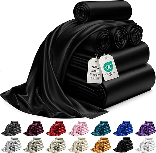 Miniatura 1 de DECOLURE Juego de sábanas de satén King de 6 piezas, cómodas sábanas de satén de seda de lujo para hotel, elegantes, sedosas, suaves,