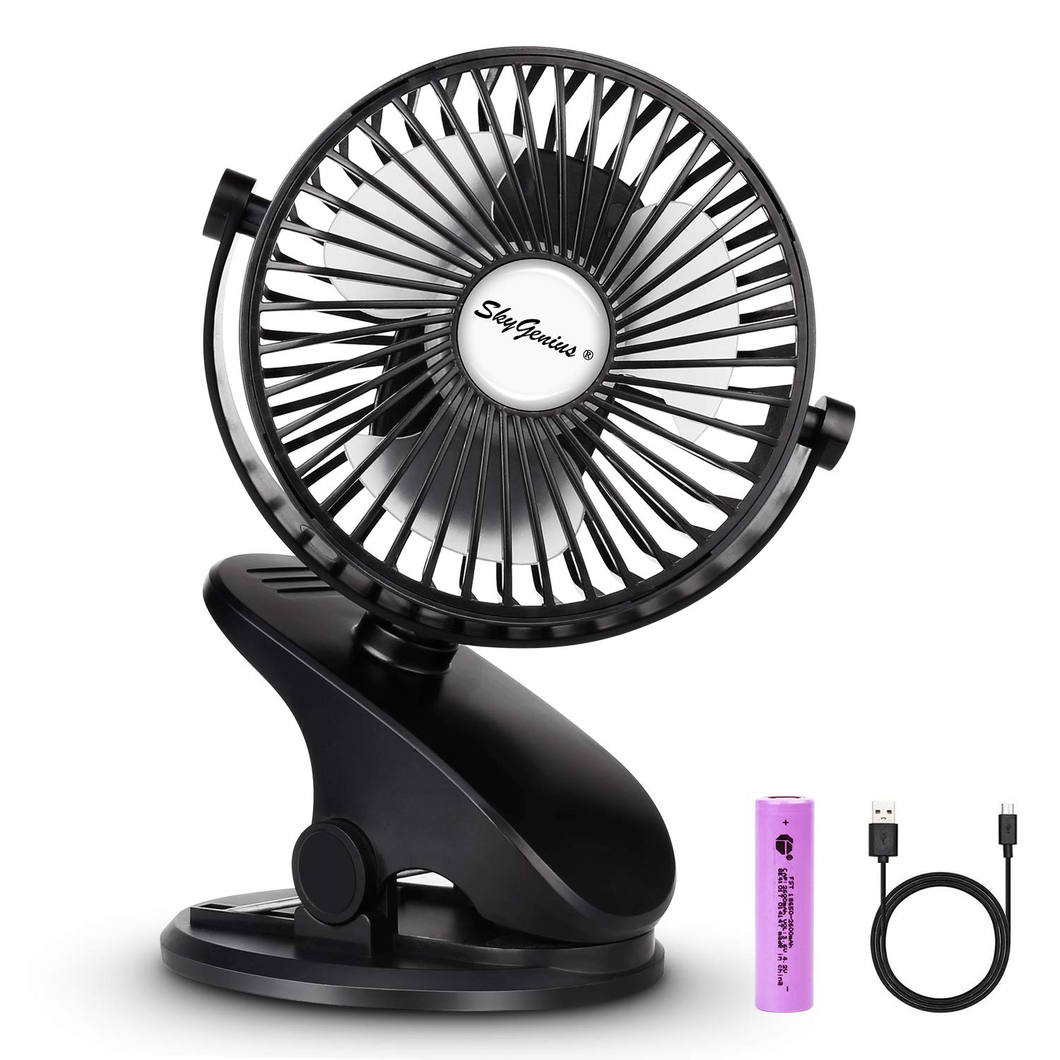 SkyGeniusBattery Operated Stroller Fan, Rechargeable USB Powered Mini Clip on Desk Fan