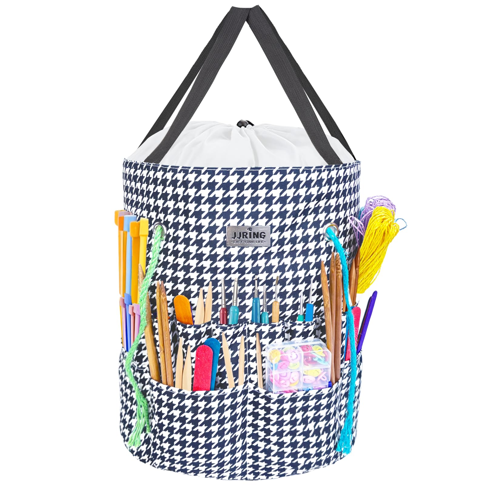 JJRING Crochet Bag, Knitting Bag Yarn Storage with 6 Oversized Grommets, Portable Yarn Organizer for Crochet Accessories and Supplies, Black&white