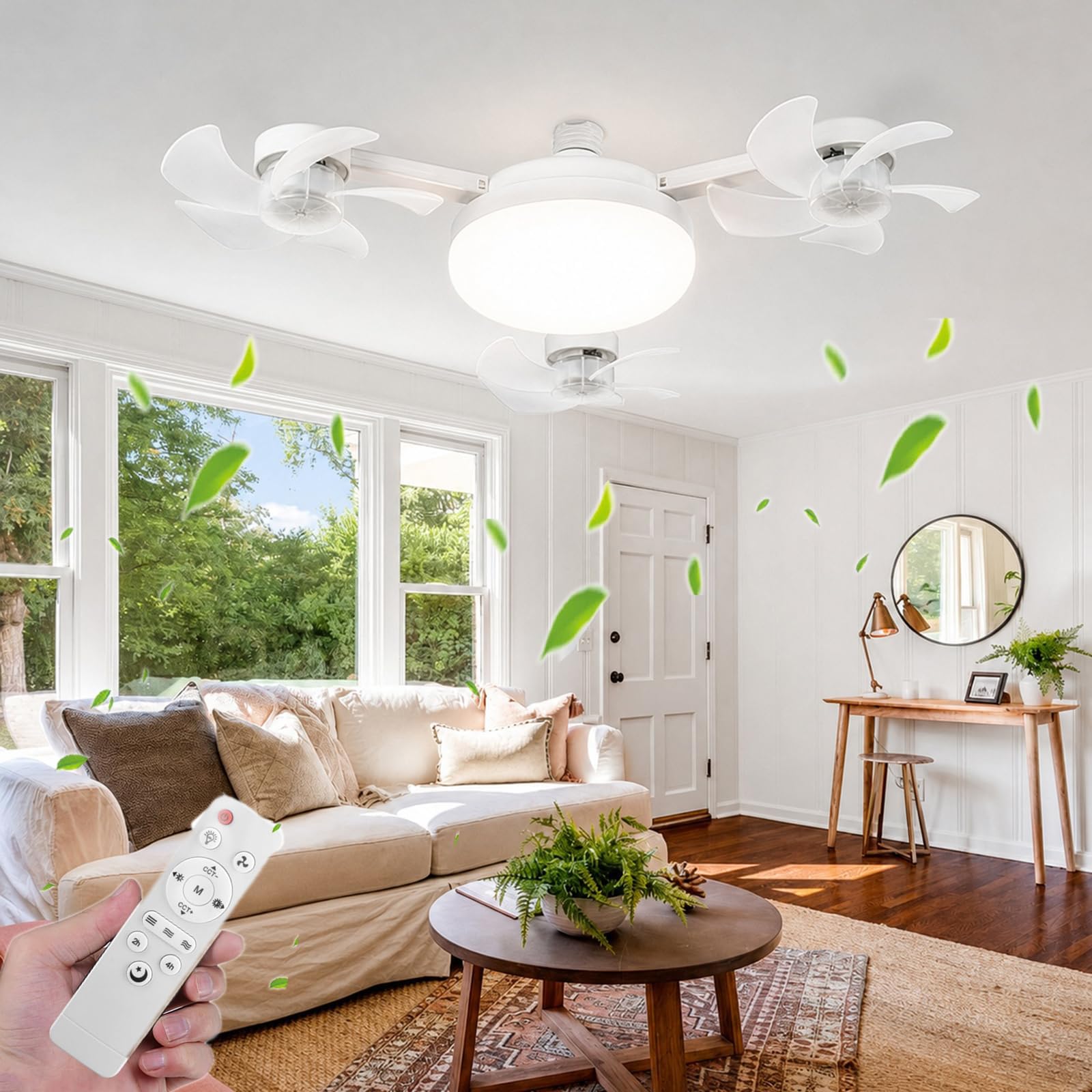 HIDRUO Drone Fans, E27 Socket Ceiling Fan, Socket Fan Light with Remote, Drone Style Ceiling Fan with Lights, Dimmable Timing Socket Light Bulb Fans, Silent Plug in Lamp Fans (3-Head, Ceiling Fan)