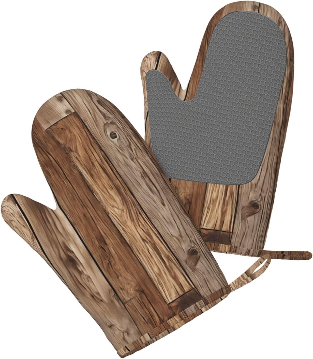 Brown Wood Oven Mitts and Pot Holders Set of 4 Heat Resistant Kitchen Gloves with Silicone Palm Hot Pads for Baking Cooking Grilling BBQ