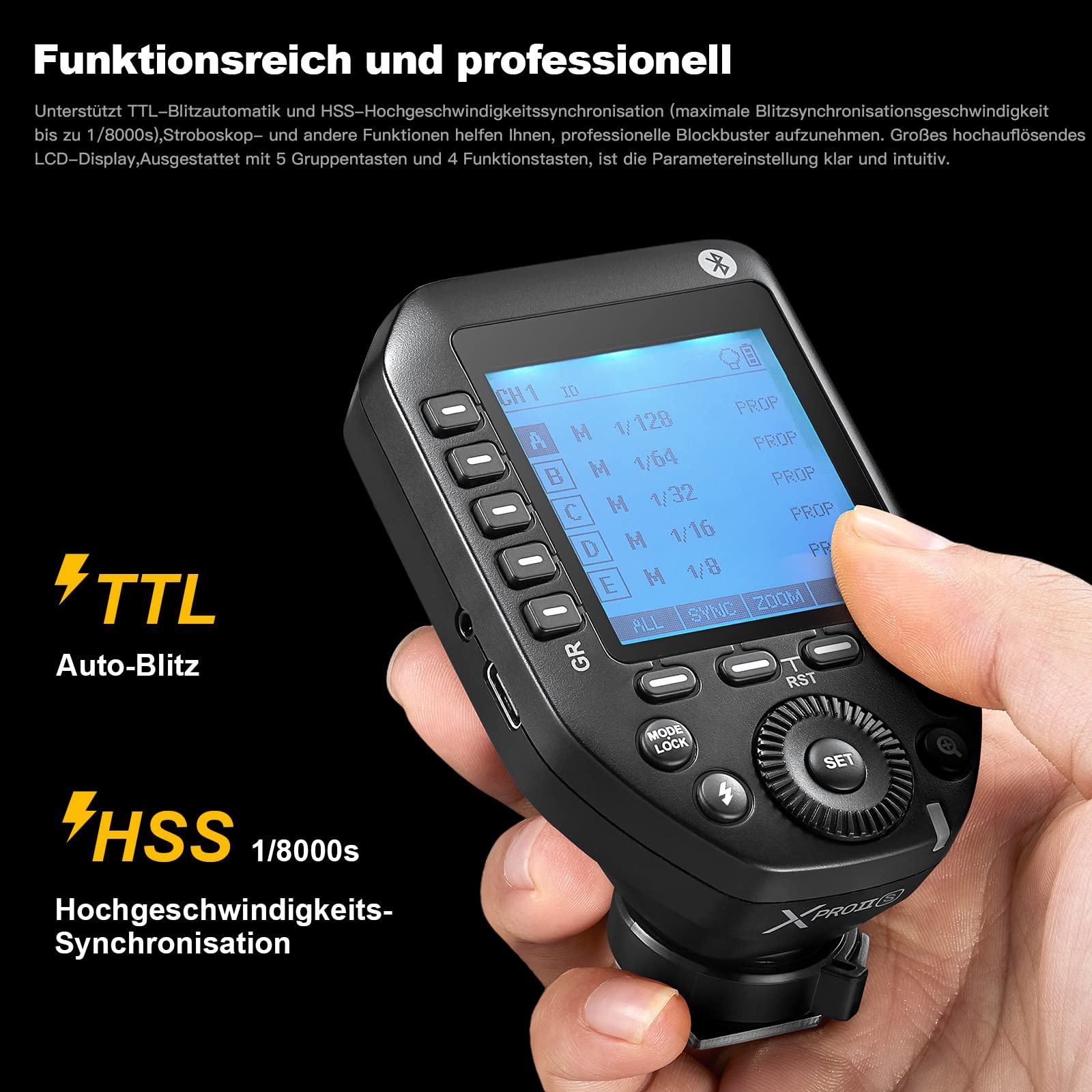 Godox Xproii-S Flash Trigger Kamera Wireless Blitzauslöser 2,4 GHz 1/8000s HSS TTL Umwandlung für Sony,Manuelle TCM Funktion großer LCD-Bildschirm der Godox Flash APP können ferngesteuert Werden.