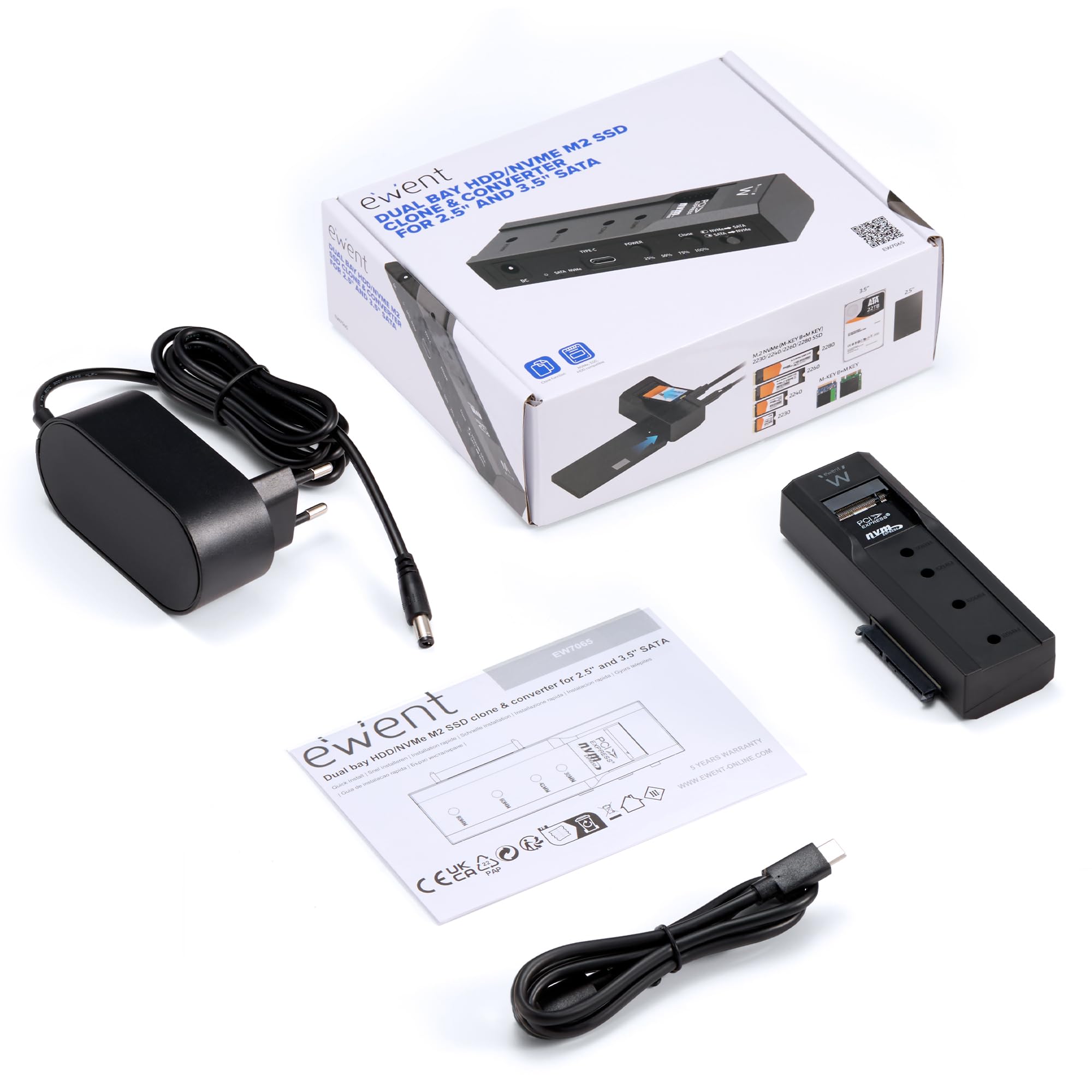 Ewent Dock Clone Offline Dual-Bay do SSD NVMe i HDD/SSD SATA 2,5″/3,5″,2230/2242/2260/2280, UASP, 10 Gbps USB3.2 Gen2, dwukierunkowe klonowanie bez komputera, bez użycia narzędzi, wskaźniki stanu LED