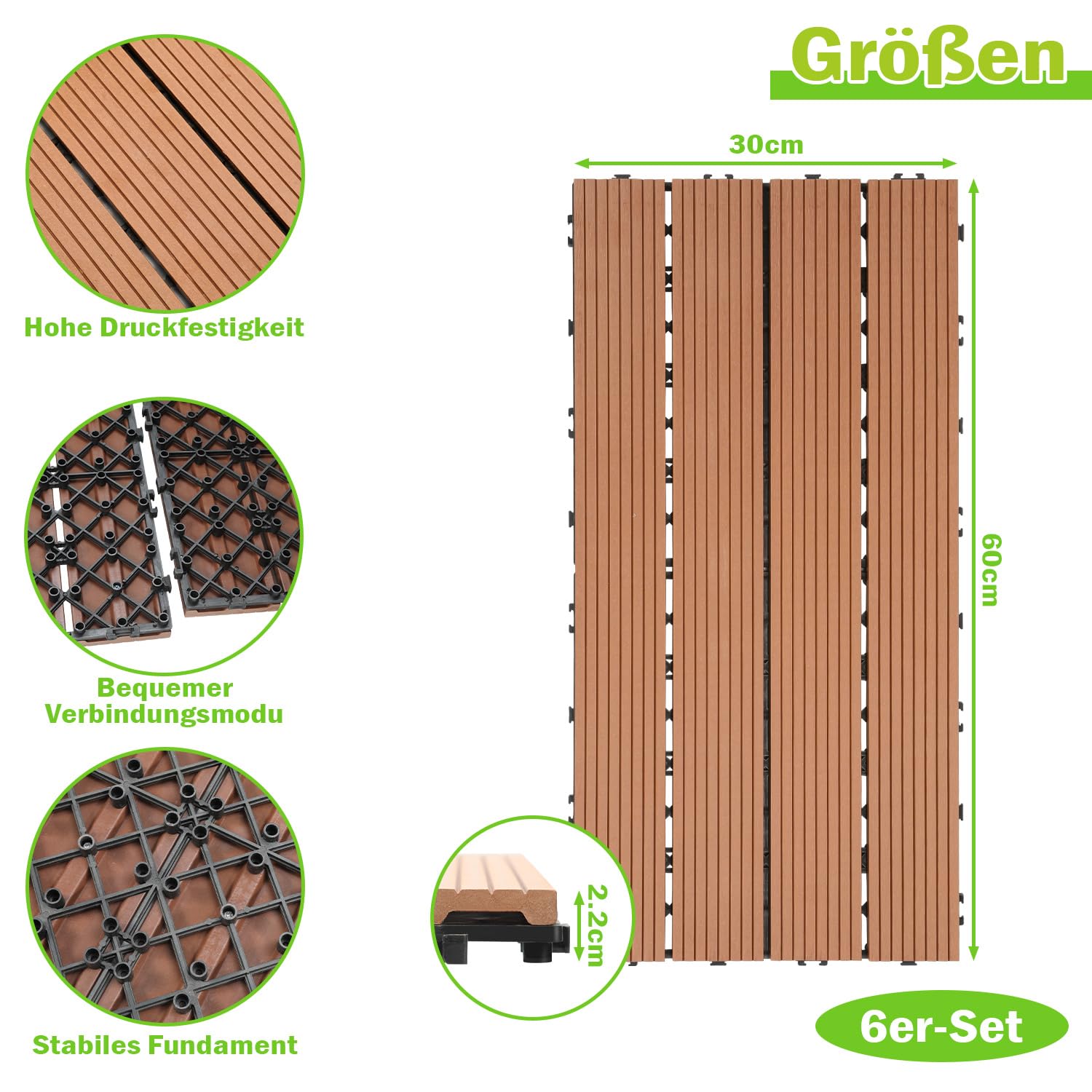 Płytki WPC 60 x 30 cm, 12 sztuk / 2 m², brązowe, płytki tarasowe, system na klik, płytki o wyglądzie drewna, płytki na klik, na taras, balkon, kolor: brązowy