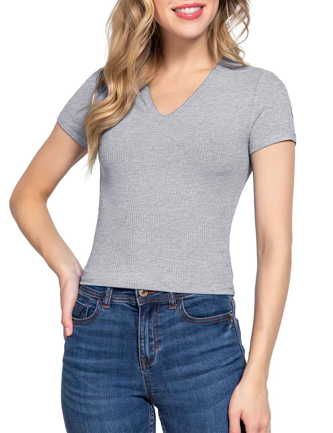 Women's Short Sleeve V-Neck Ribbed Crop Tops Basic Knit Casual Soft Shirts Short Sleeve