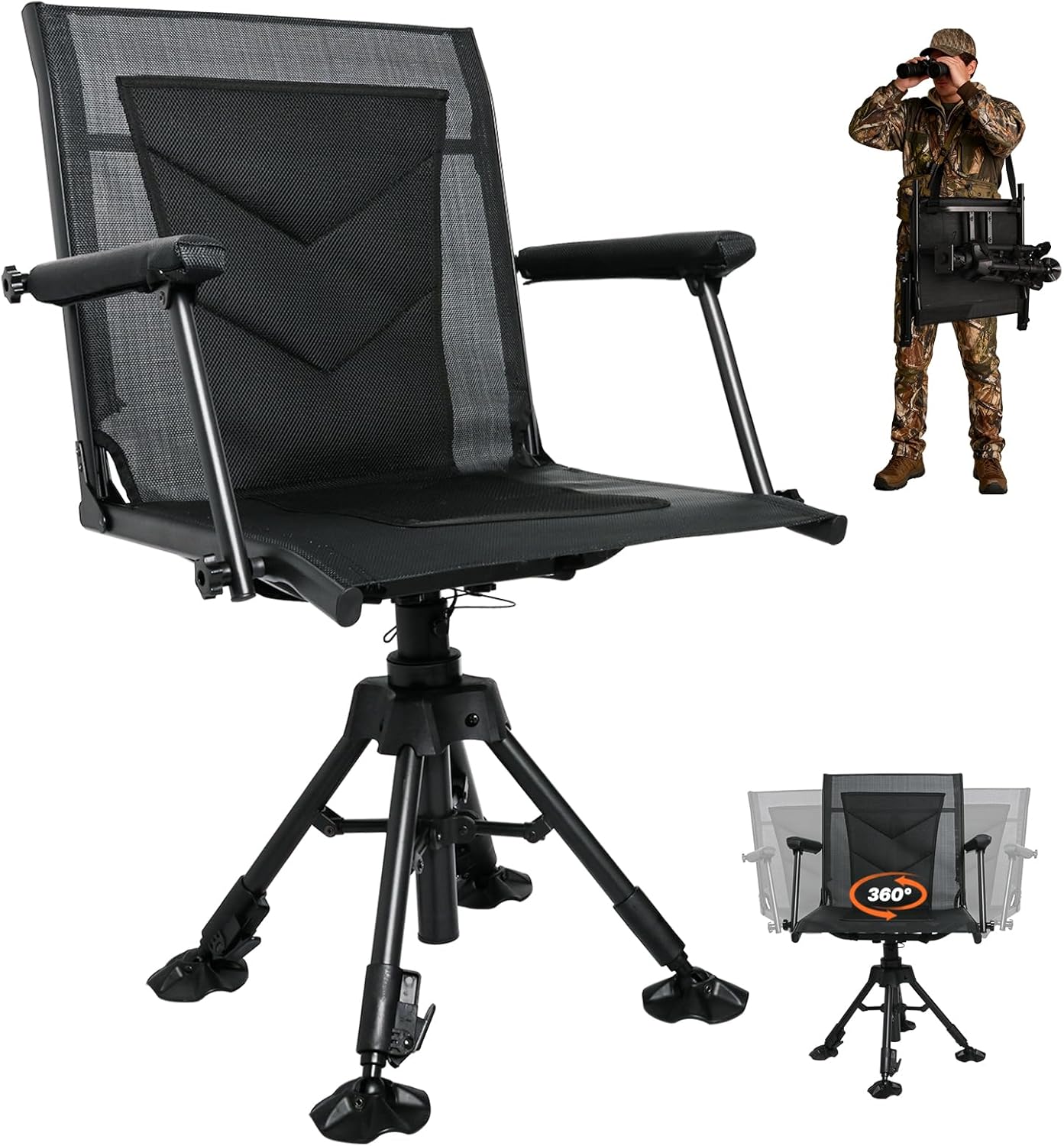 360 Silent Swivel Hunting Chair with Mesh Comfort Backrest, 330lbs Heavy Duty Ground Blind Chair, All-Terrain Adjustable Legs with Large Swivel Duck Feet for Deer & Turkey Hunting, Portable