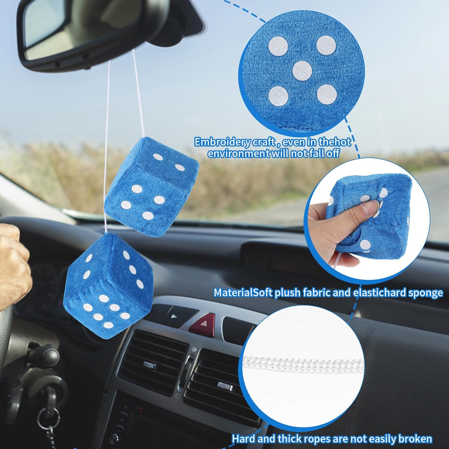 Fuzzy Dice for Rear View Mirror, Blue Fuzzy Dice for Car Mirror, 2.75inch Pair of Plush Retro Square Hanging Dice with White Dots Cute Car Decoration Ornament Accessories image 2