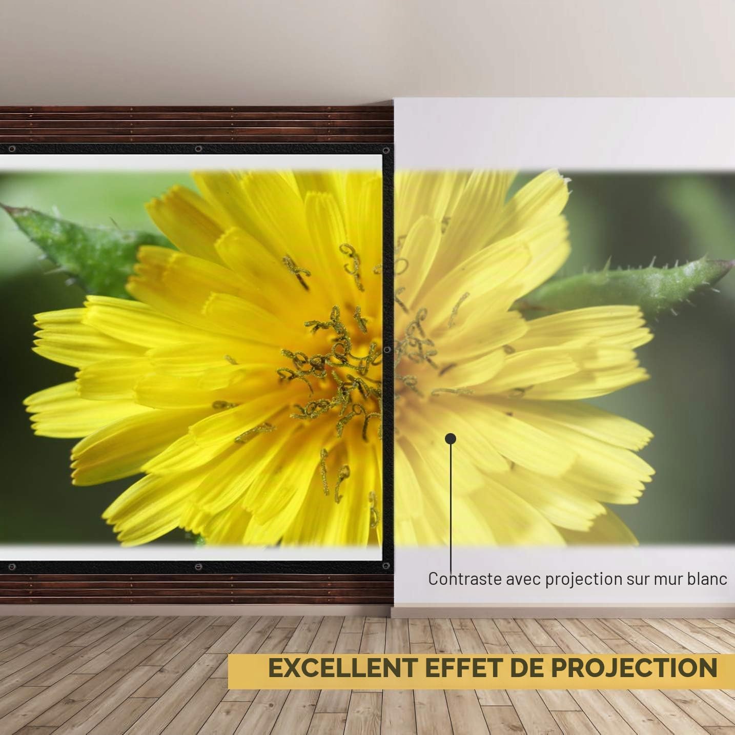 120 Pouces Écran de Projecteur en Polyester 16:9 Écran de projecteur Frontale 4K 3D et Dos Noir pour l'école Maison cinéma intérieur extérieur avec 15 Crochets 1 Corde 1 Sac Portable