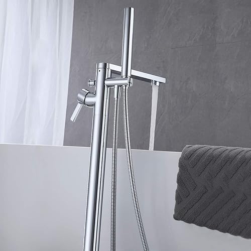 Miniatura 23 de Grifo de bañera independiente Llenador de bañera Negro Montaje en piso Latón de una sola manija Grifos de baño con ducha de mano Negro -,Oro