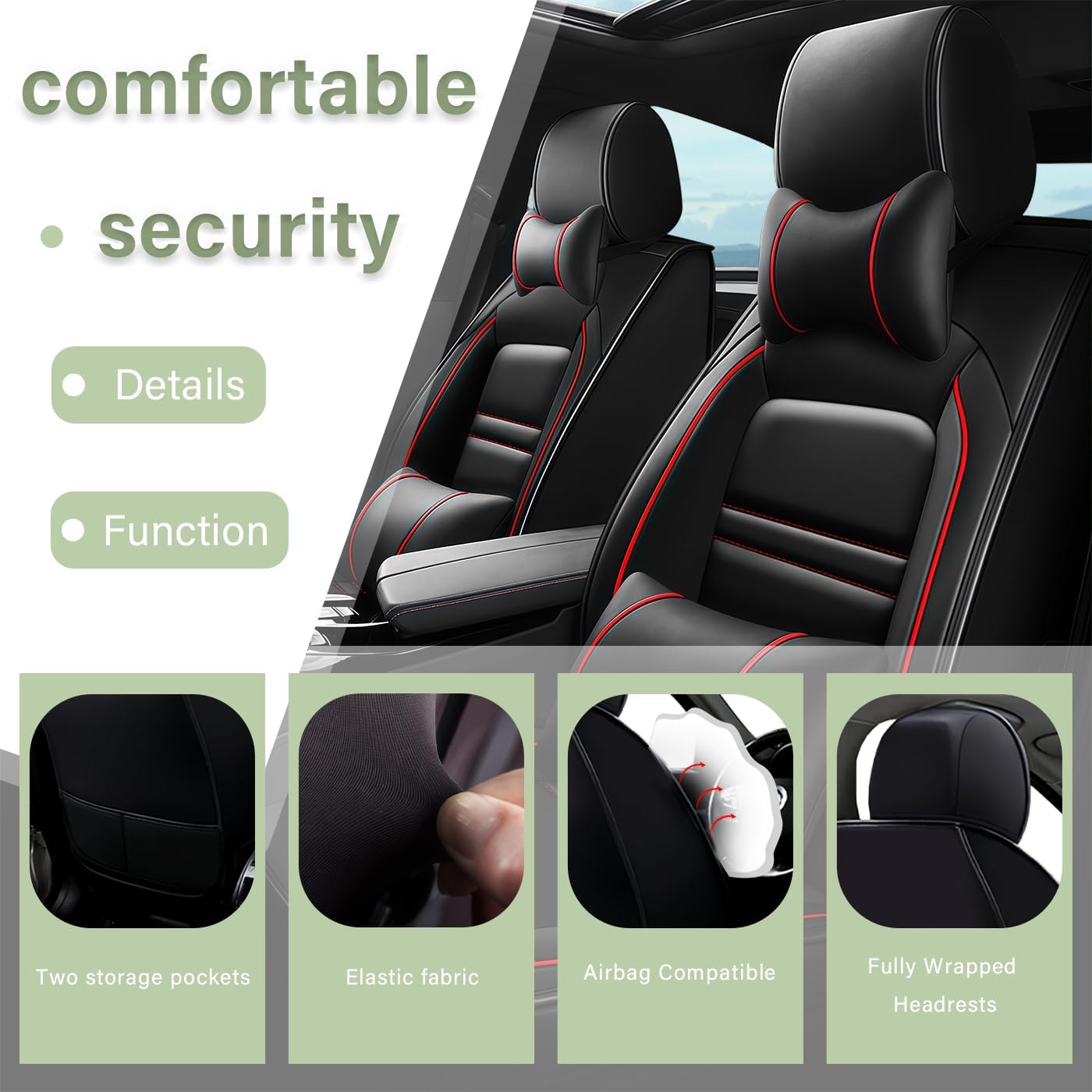 Leather Car Seat Covers Fit for Chevy Silverado 1999-2024, 5 Seats Non-Slip Waterproof Car Seat Cover, Sporting Style Full Set with Pillow Accessories (Black Red)