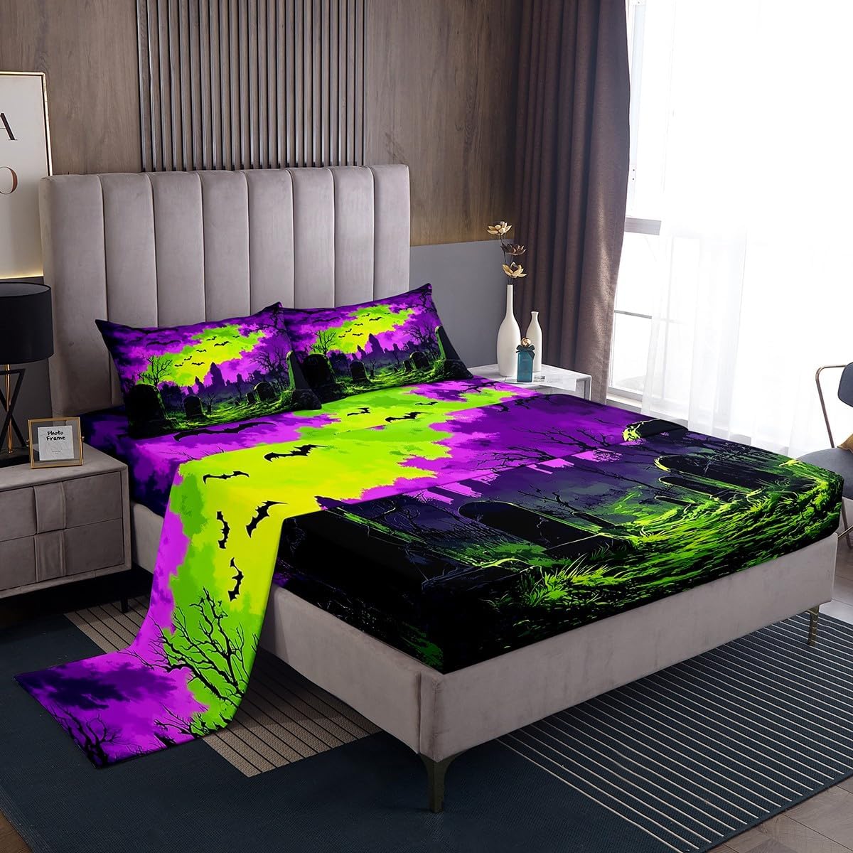 jejeloiu Halloween Bed Sheets Set Full Size Ghost Festival Bed Set for Kids Boys Girls Cartoon Bats Deep Pocket Fitted Sheet Horror Breathable Soft Lightweight Microfiber