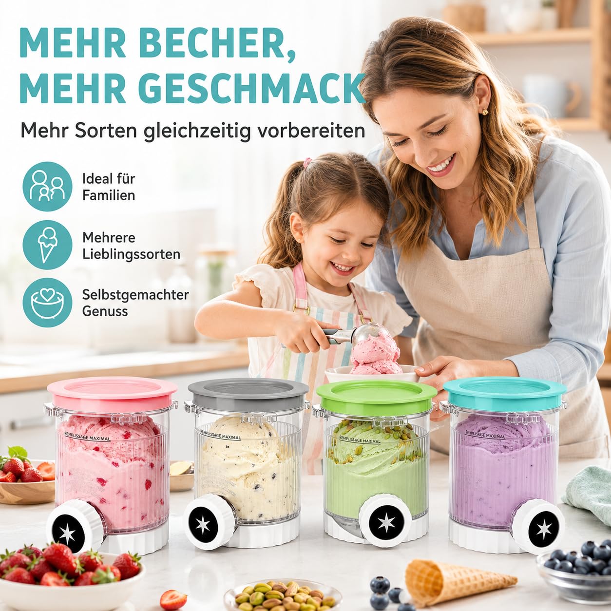 DULCE DOM Ninja Creami Eisbehälter | 480 ml Gefrierbehälter für NC700 & NC701EU Serie | Mit integriertem Design | BPA-frei, spülmaschinenfest & gefriersicher | Farbige Deckel