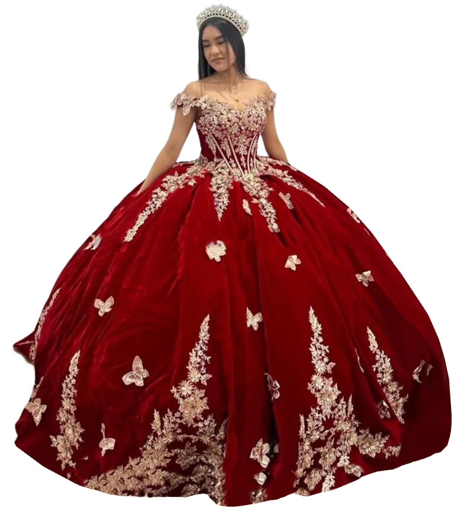 Youjiayi Sparkly Velvet Quinceanera Dresses Off Shoulder Sequin Sweet 16 Dress with Train Gold Lace Appliques Long Ball Gown