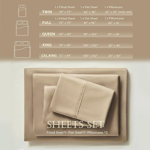 Miniatura 6 de PURE ERA Juego de sábanas de 800 hilos de algodón de fibra larga de satén sedoso, suave, lujoso, juego de 4 piezas, postre oscuro, beige, tamaño