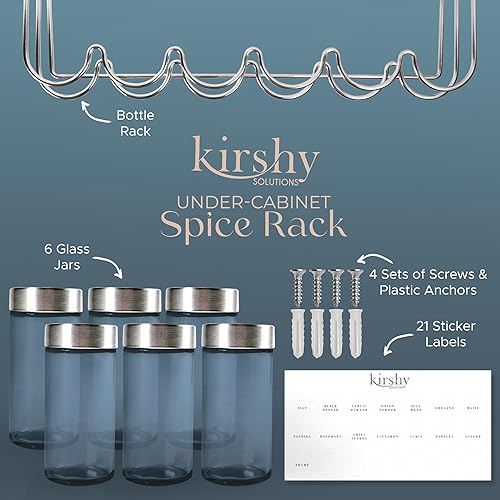 Miniatura 2 de Kirshy Solutions Estante de especias para debajo del gabinete con 6 tarros de especias de vidrio y 21 etiquetas, estante de almacenamiento de