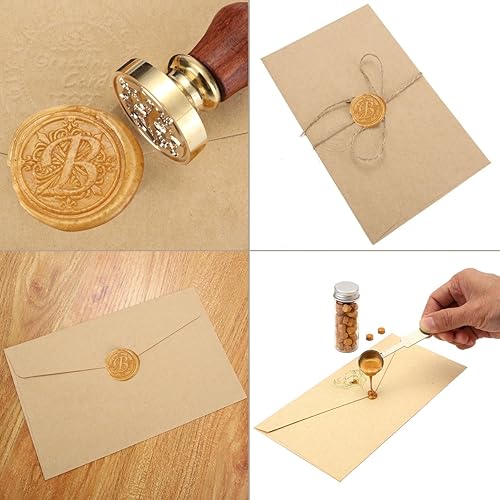 Miniatura 6 de Yoption - Sello de cera, sello clásico de lirios del alfabeto B, cabeza de latón retro vintage, mango de madera, sello de cera de sellado de letra B