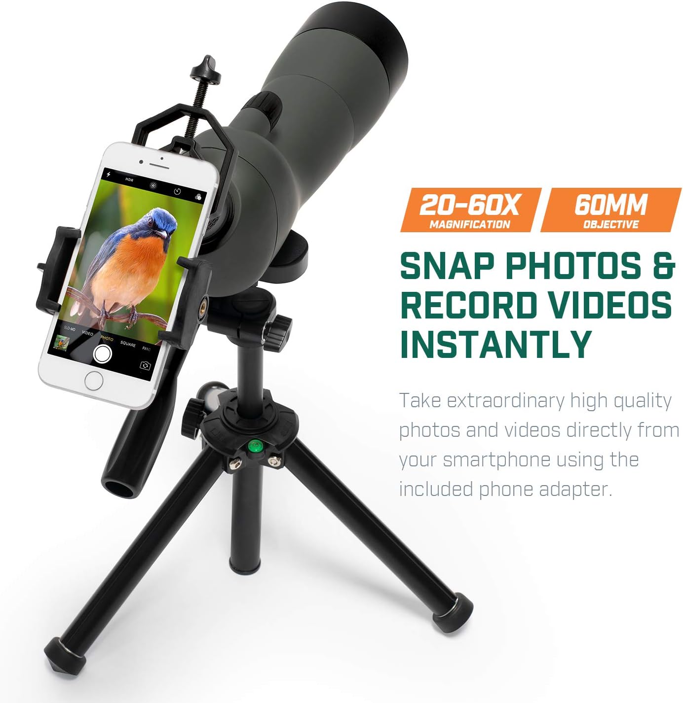 Amcrest Spotting Scope for Target Shooting w/Tripod 20-60x60mm, Multi Coated Optical Lens, Waterproof, 36-19m/1000m, Telescope with Universal Smartphone Adapter (AMSS60-G)