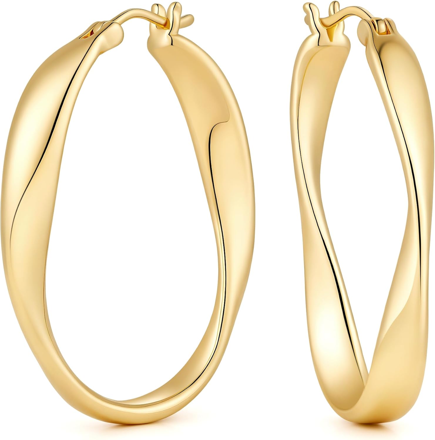 Gold Hoop Earrings for Women 14K Gold Earrings for Women Hoop Earring for Womens Hoops Oval Curve with Twist Design Hoops Earring for Womens 25/30mm