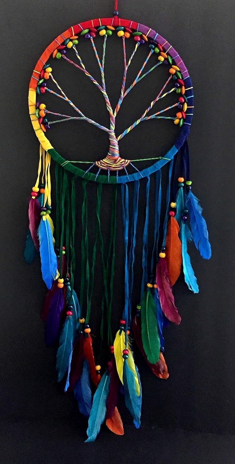 Unbekannt Oma Dream Catcher – Tree of Life Weiß Wildleder Traumfänger mit Federn & Holz Perlen – Groß Größe – 91,4 cm Lang x 27,9 cm Durchmesser Marke Rot