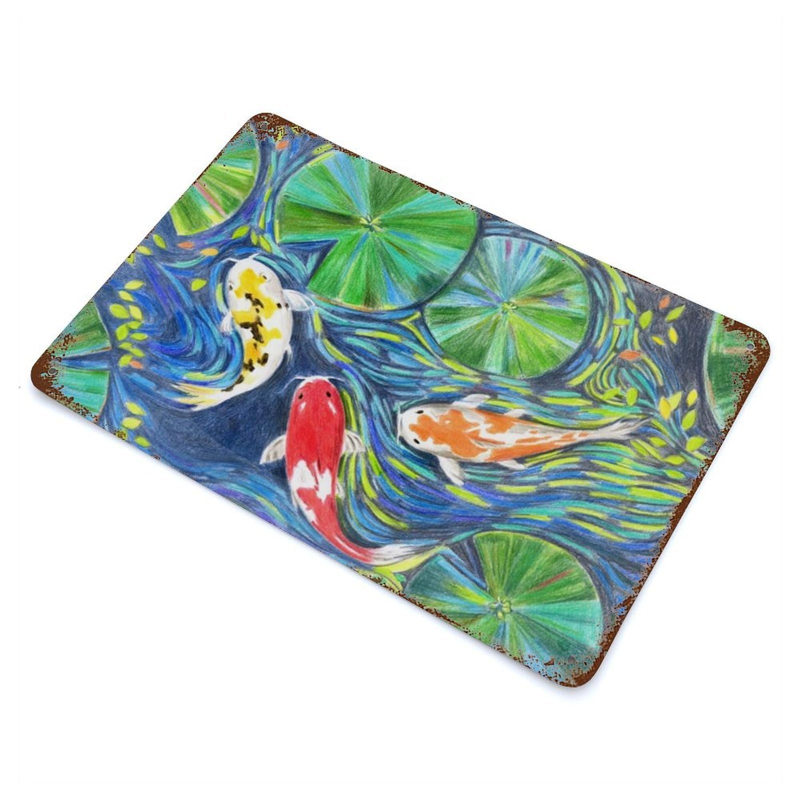 Vintage Rust Metal Sign with Koi Fish Pond Watercolor Design 11.8"x7.9", for Shed, Workshop And Garage Wall Decor, Classic Wall Plaque