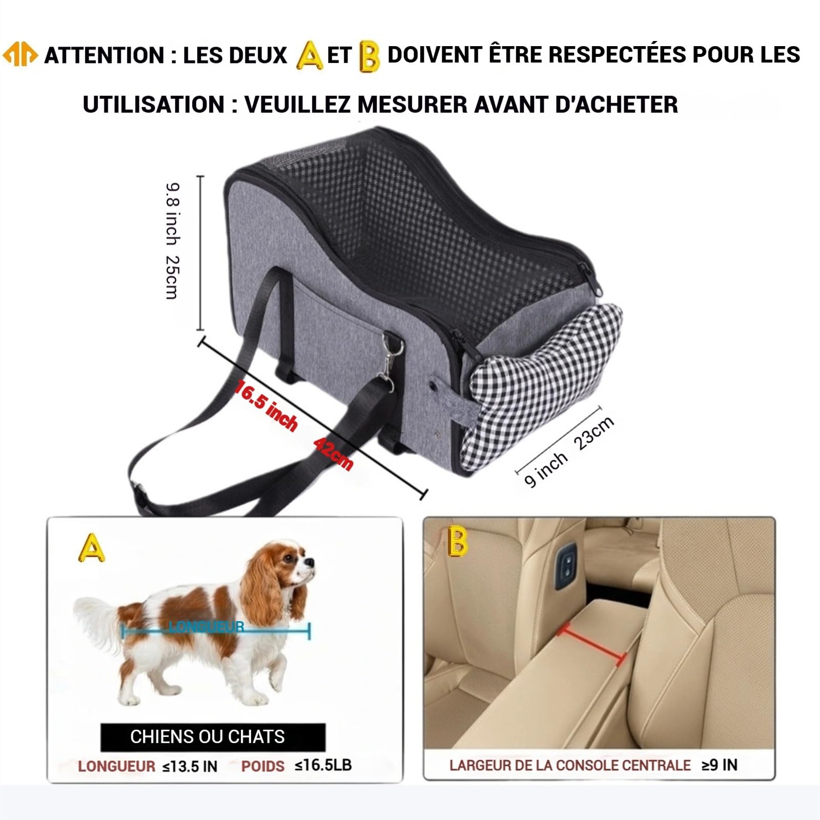 Siège de Voiture Console Centrale pour Chien, siège de Voiture pour Chiot, Console Centrale pour Petit Chien (Gris)