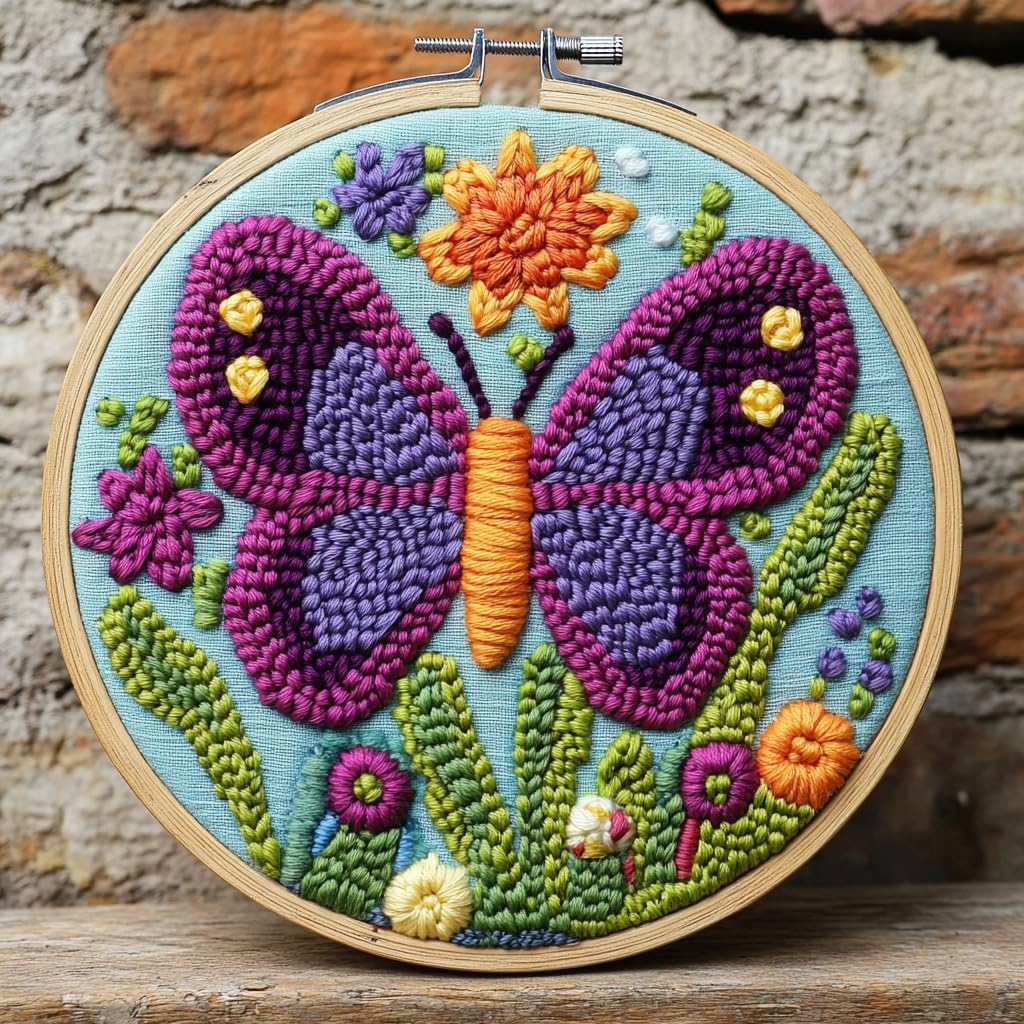 DIY Punch Needle Kits Purple Butterfly and Flowers Easy for Beginners Punch Needle Embroidery Set with Hoop Stamped Pattern for Craft Lovers and Home Decor-4