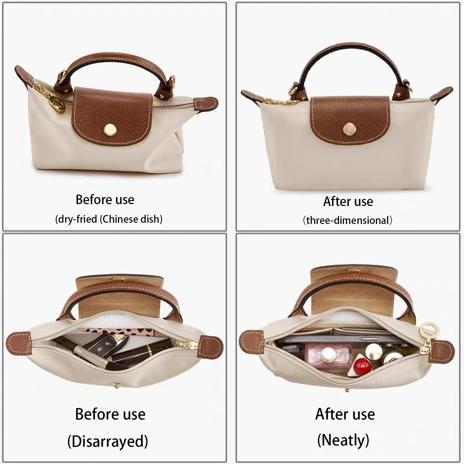 Organizador de bolsas para bolsos pequeños de campeón largo, almacenamiento y organización, forro interior de fieltro, tamaño mini (beige)