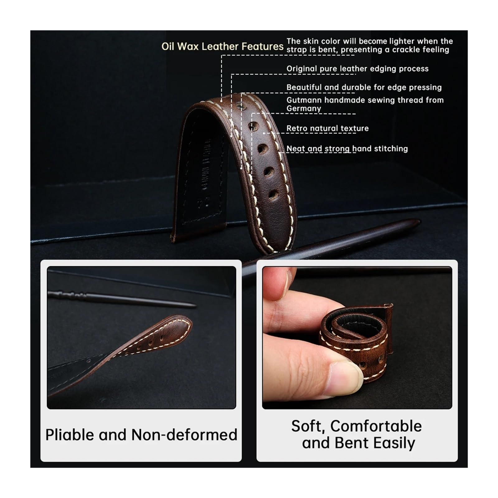 Watch Bands 20mm 22mm 24mm Vintage Genuine Leahter Strap With Butterfly Buckle Clasp