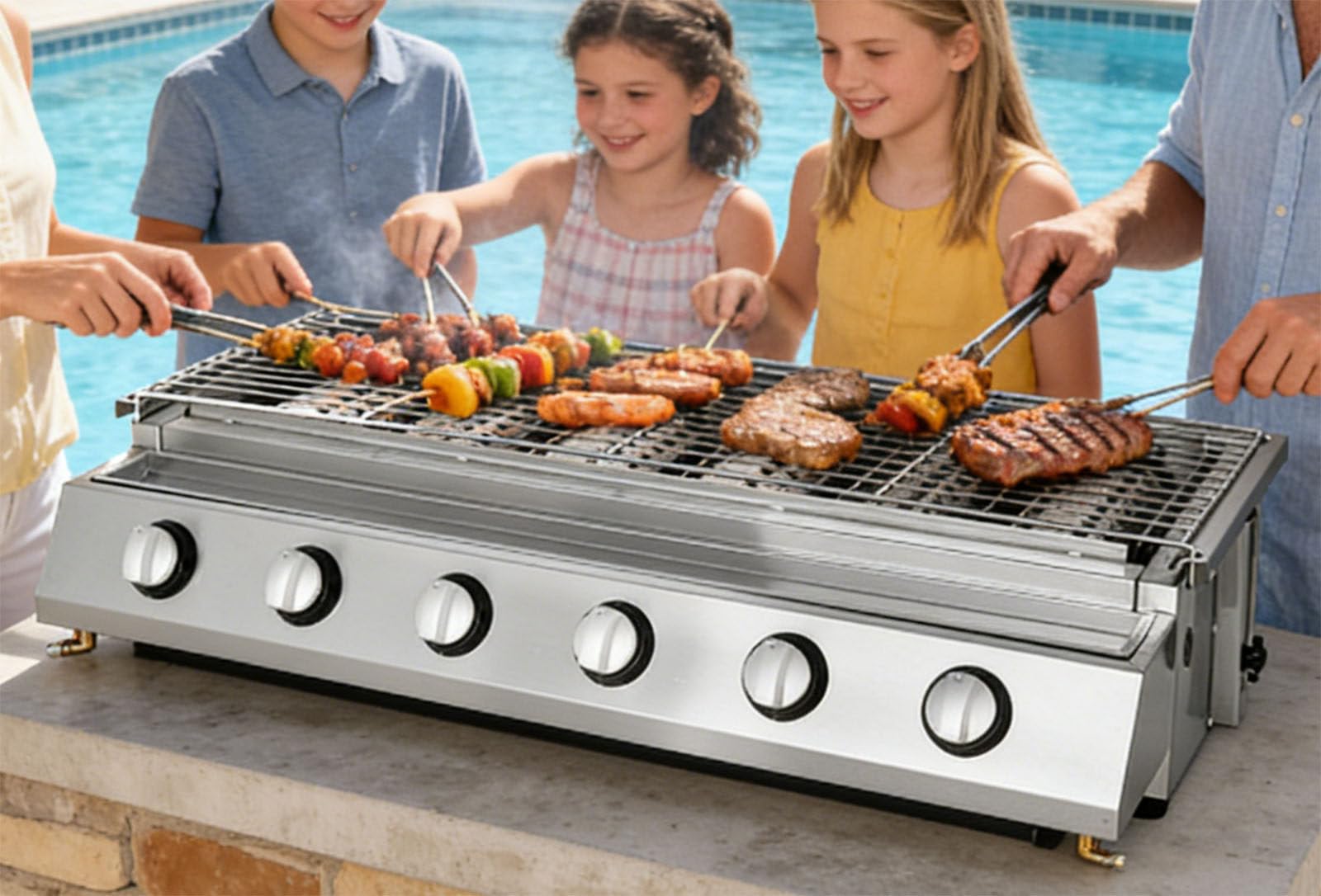 Komercyjny grill, 6/8-palnikowy grill gazowy LPG, stal nierdzewna z płytą grillową i niezależnym zapłonem, do restauracji i na kemping A