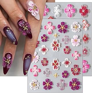 5D Embossed Hibiscus Nail Art Stickers With Gold Beads - Self-Adhesive Clear Floral Designs - 2 Sheets Autumn Flower Decals for Women Girls Manicure Art