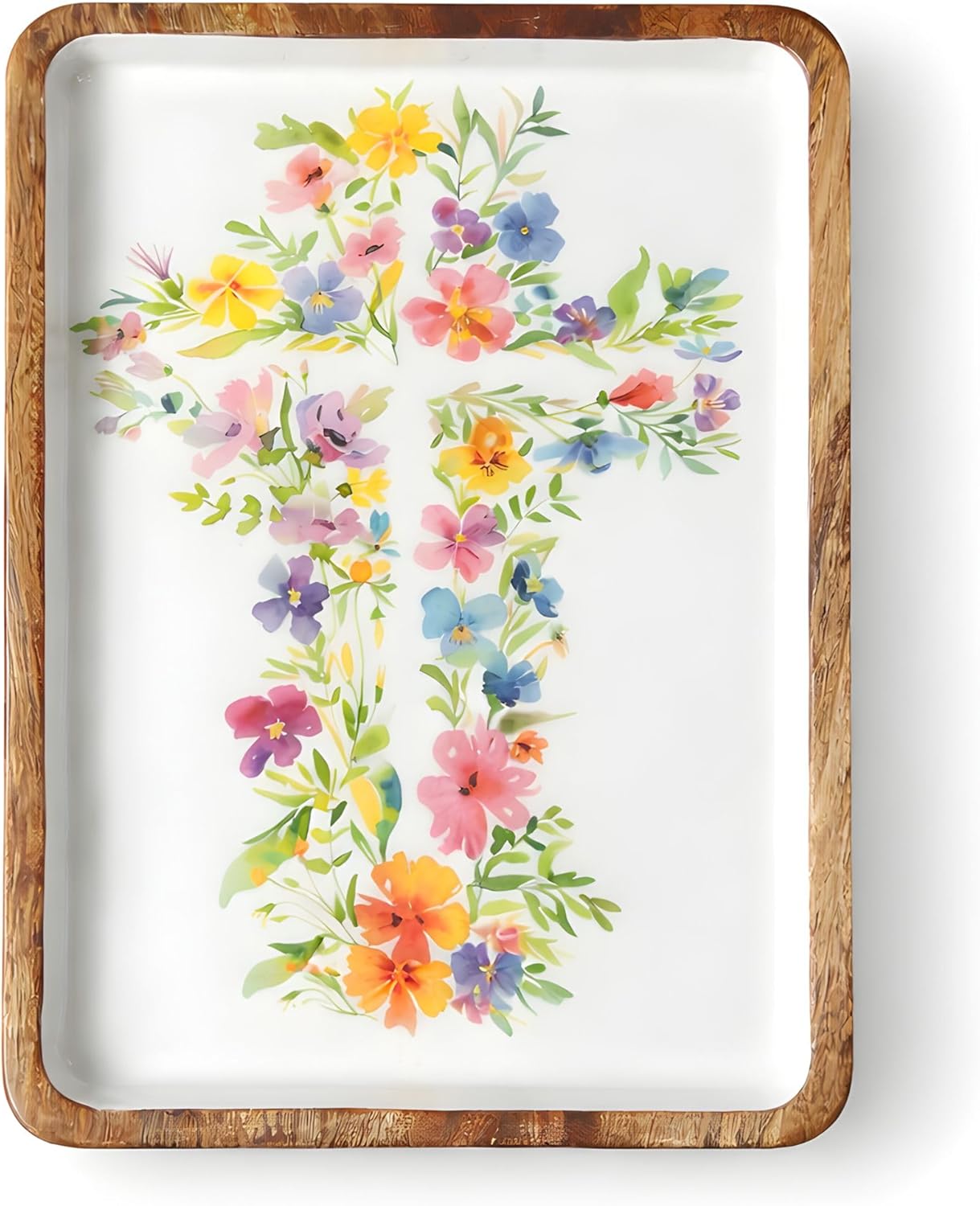 10 x 13 Inch Mango Wood Easter Serving Tray, Bunny or Cross Spring Charcuterie Board, Food Safe Decorative Wood Tray, Easter Decor, Spring Hostess Gift (Floral Cross)