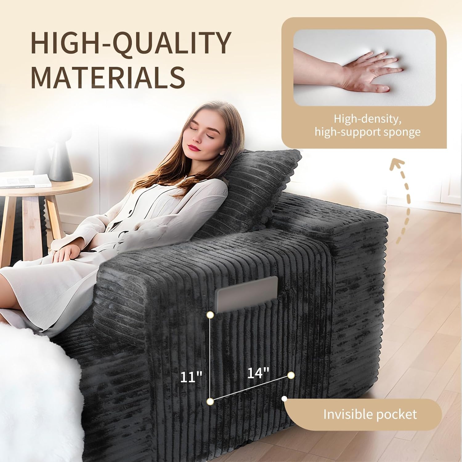 106'' Cloud Sectional Couch with L-Shape Chaise, Boneless Corduroy Sofa with Deep Seat, Modern Modular Couch for Living Room, No Assembly Required, Grey Corduroy Fabric (Right-Facing Chaise)