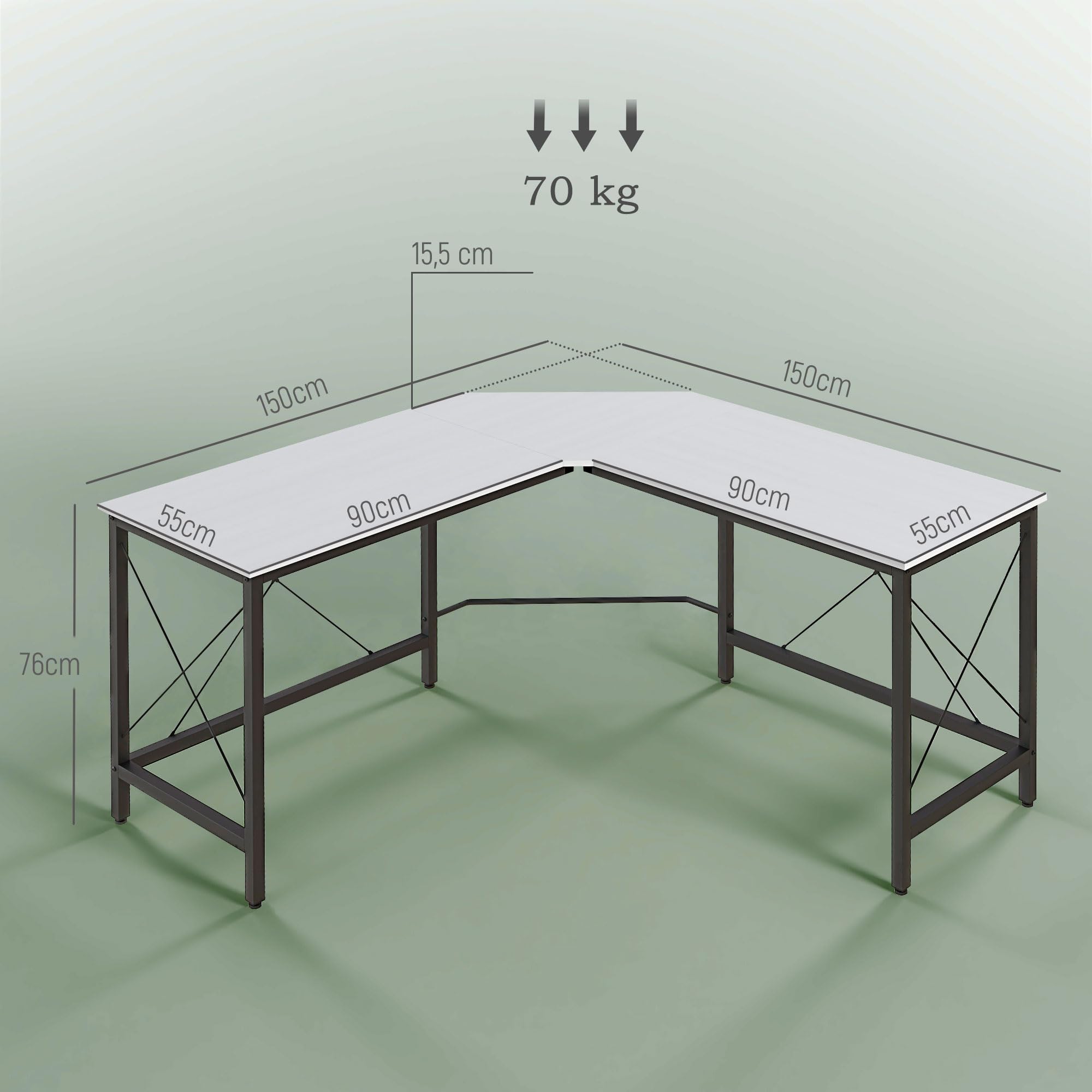 HOMCOM Scrivania a L Scrivania moderna ad angolo con struttura in acciaio Portata 70 kg per ufficio casa studio 150x150x76 cm Bianco