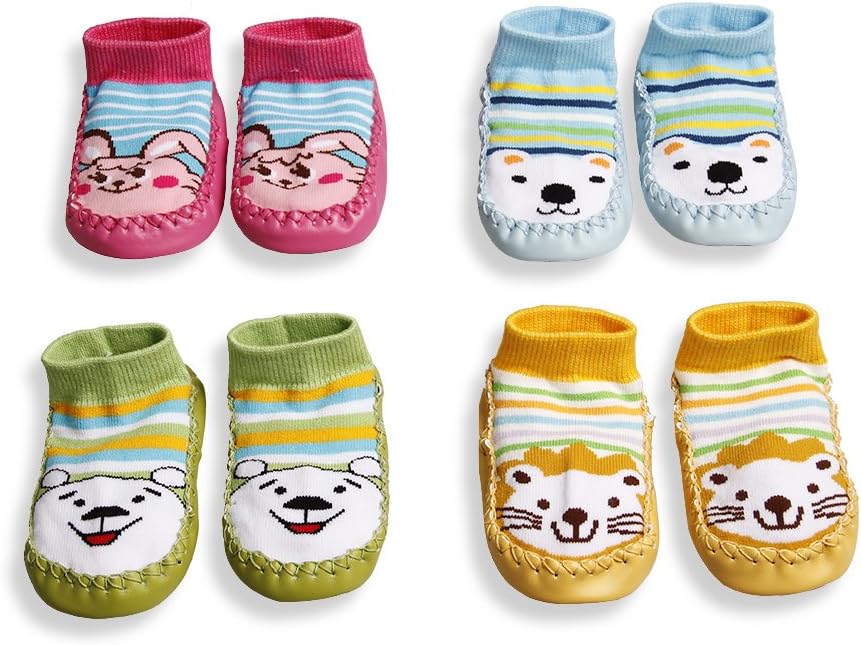 Titigo 4 Pairs Baby Slipper Socks - Anti-slip Toddler Non-skid Soft Cotton Socks