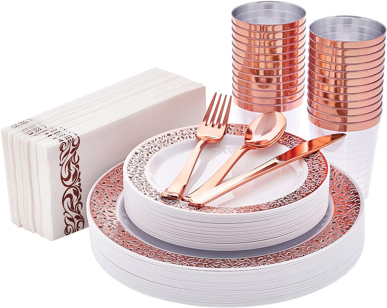 SeeMaxs 24 Guests Rose Gold Plastic Plates with Disposable Dinnerware 168PCS Perfect for Party Banquet Dinner
